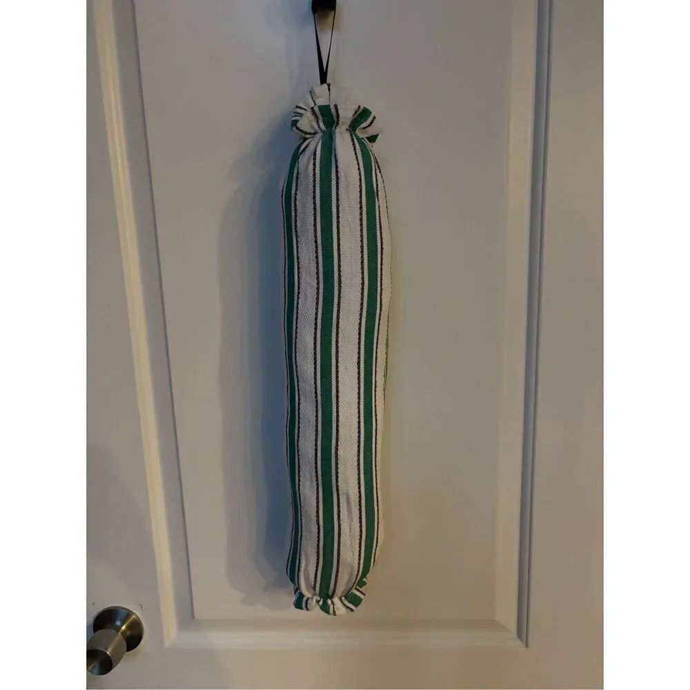 Handmade Plastic Bag Holder- Green and white with black lines